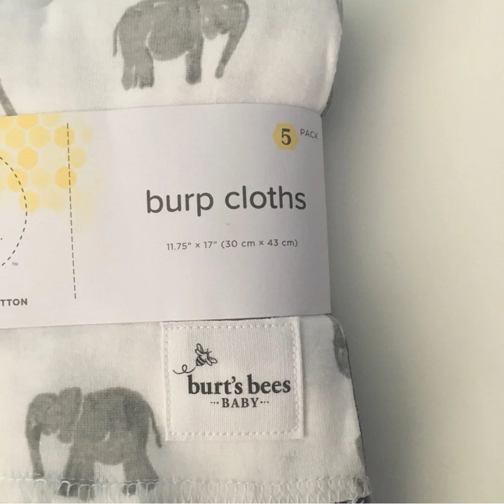 5 Burp Cloths Organic Cotton Gray Elephant Stripe Solid NEW | Burt’s Bees